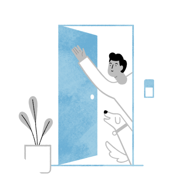 Person standing in an open doorway waving next to a dog.